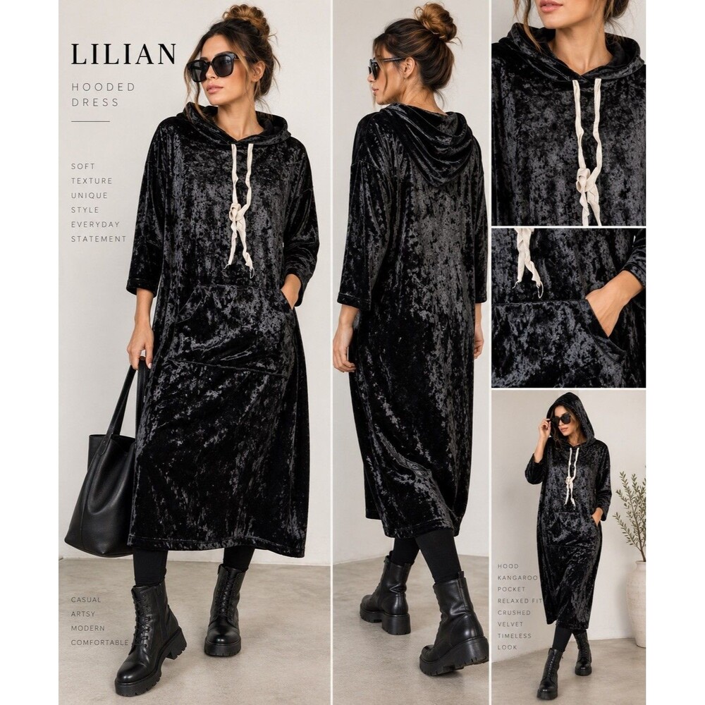Lilian Black Velvet Hooded Midi Hoodie Dress Pockets Drawstring 3/4 Sleeve M